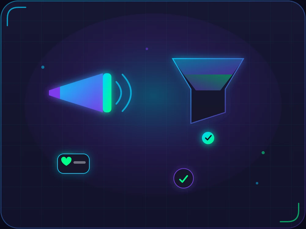 Ilustração de marketing digital com megafone, funil de conversão e engajamento em redes sociais