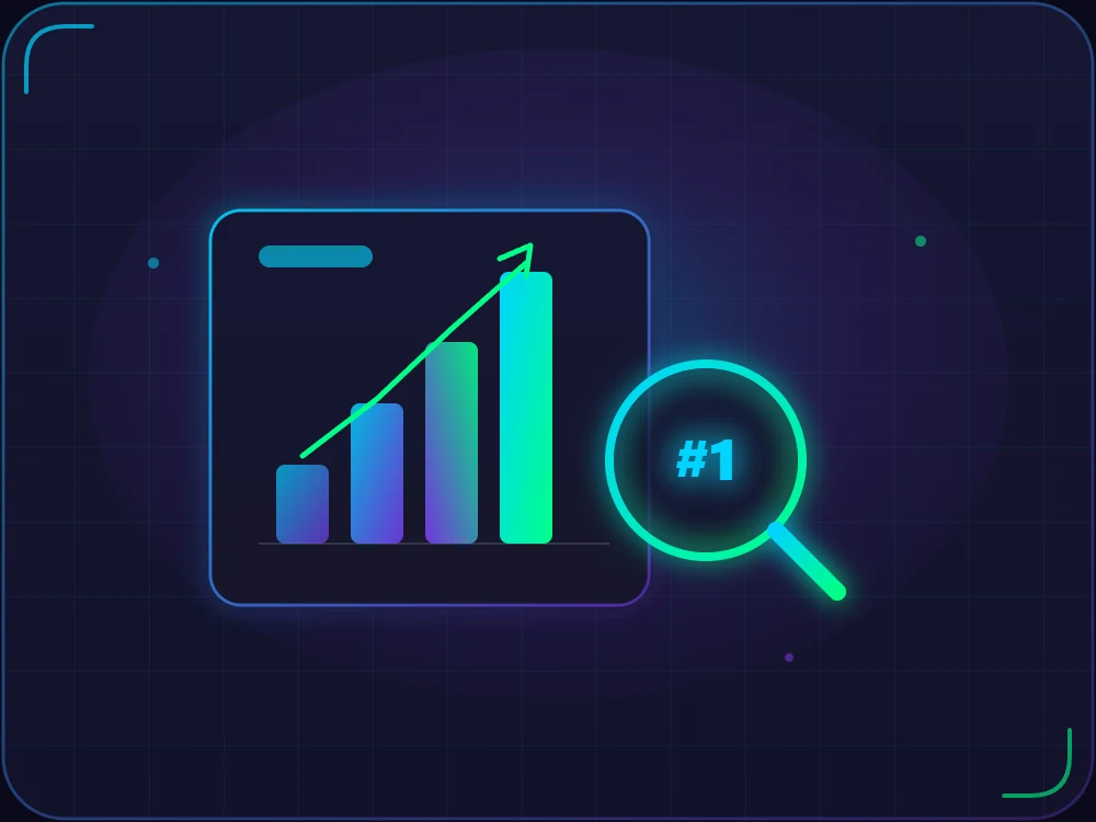 Ilustração de otimização SEO com gráfico de crescimento, lupa e primeira posição no ranking