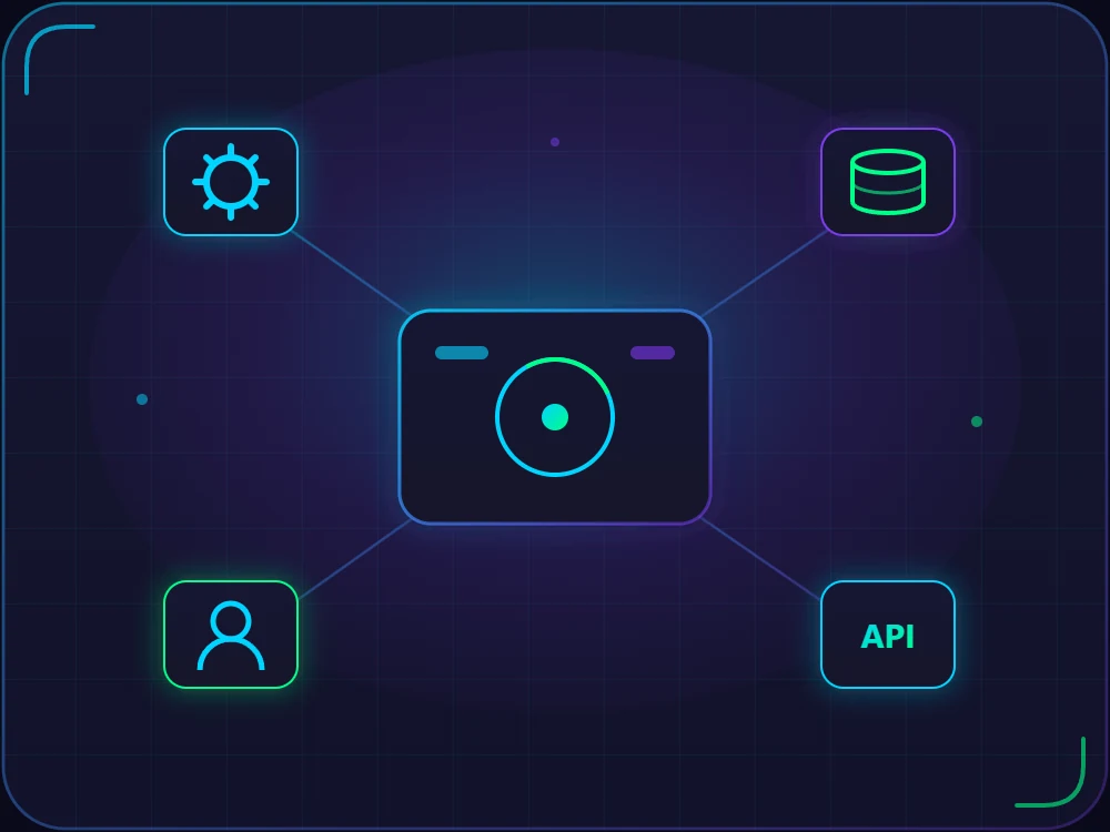 Ilustração de sistemas web com dashboard central conectado a banco de dados, usuários e API